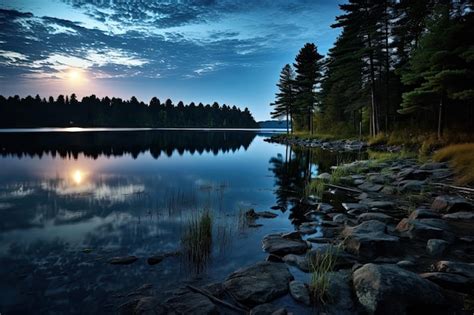 Premium Ai Image A Lake With Rocks And Trees