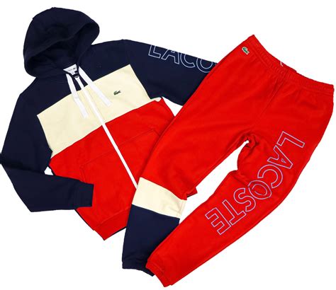 Lacoste Hooded Colourblock Fleece Zip Sweatset Redbeigenavy Blue