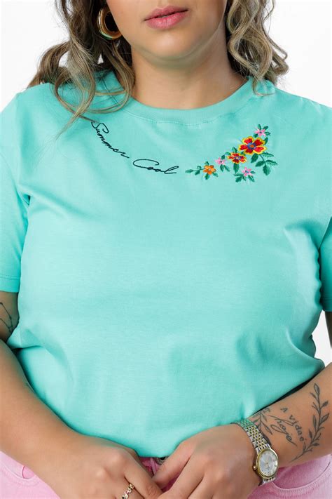 T Shirt Plus Size Summer Cool Flores Bordada Verde Jade Atacado