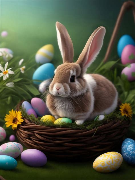 Happy Bunny Rabbits With Easter Eggs Generative Ai Illustration Stock