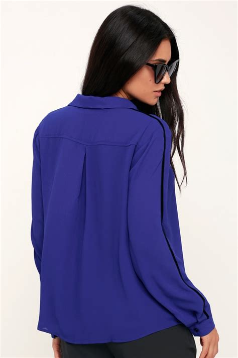 Cute Royal Blue Top Blue Button Up Top Blue Long Sleeve Top