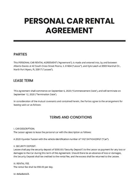 Personal Car Rental Agreement Template Prewrite