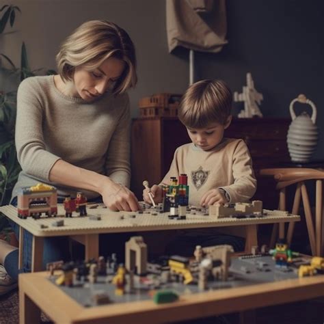 Una mujer y un niño jugando con una mesa de madera con legos Foto Premium