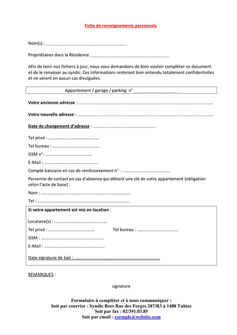 Fiche De Renseignements T L Chargement Gratuit Documents Pdf Word Et