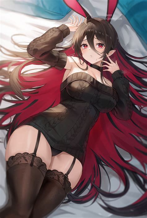 Mrr Long Hair Multi Colored Hair Red Eyes Big Boobs Anime Anime Girls Artwork Bunny Ears