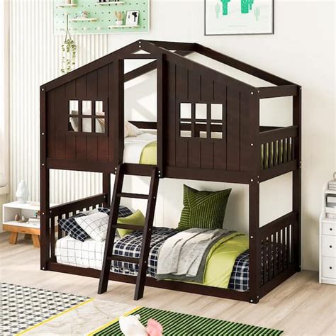 Harper And Bright Designs Espresso Twin Over Twin Wood House Bunk Bed