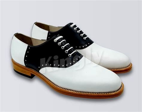 Men S Handmade Two Tone White And Black Leather Shoes Men S Oxford Brogue Lace Up Shoes Etsy