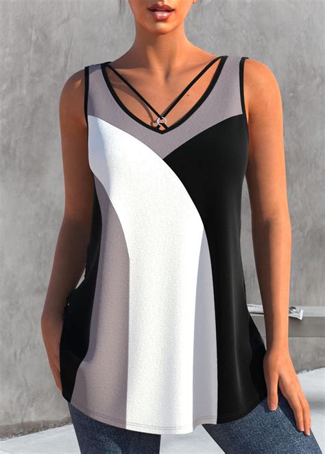 Rotita Patchwork White V Neck Tank Top Tank Top Camisole V Neck Tank