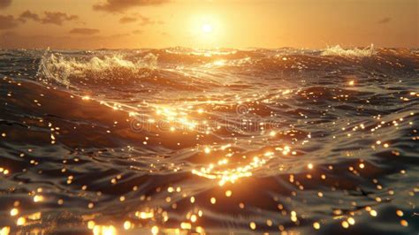 Golden Sunset Over The Ocean Waves Glistening With Reflected Sunlight