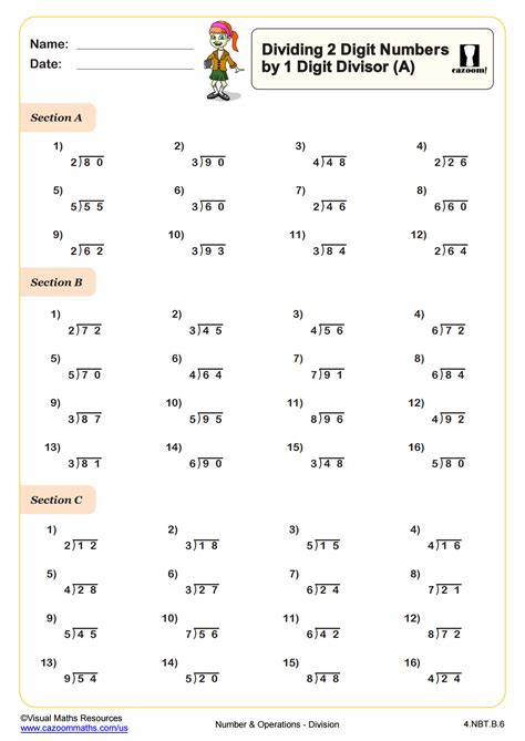 Division Dividing 2 Digit Numbers by 1 Digit Divisors (A) | 4th Grade PDF Number and Operations ...