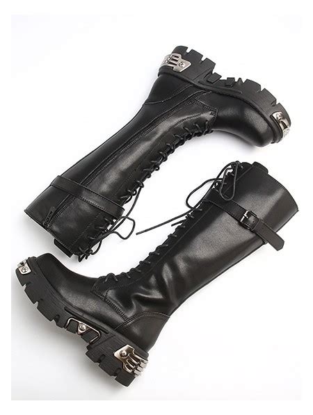 Black Gothic Punk Lace Up Knee Platform Boots For Women