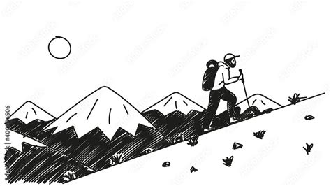 Man hiking in nature hand-drawn landscape. Cartoon vector clip art of a ...