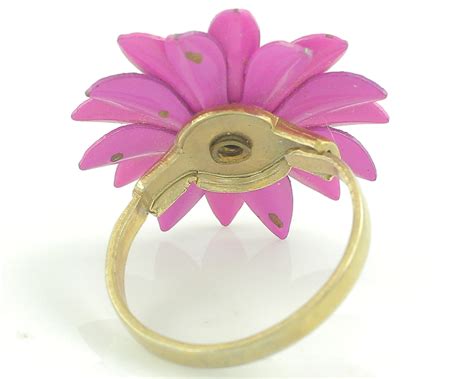 Vintage Enamel Flower Ring And Brooch Pin Hot Pink And Green Mid Century Modern Dimensional