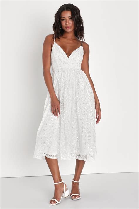 White Lace Sequin Dress A Line Midi Dress Lace Midi Dress Lulus