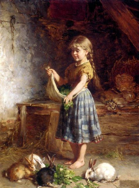 Children And Their Pet Rabbits Antique Oil Paintings