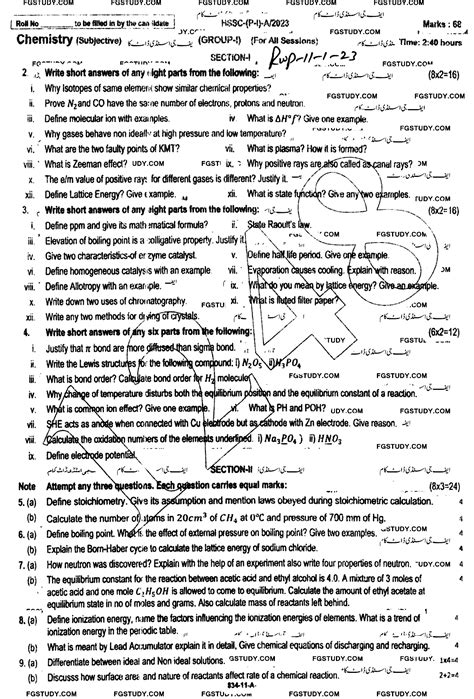 Th Class Chemistry Past Paper Rawalpindi Board Group Subjective