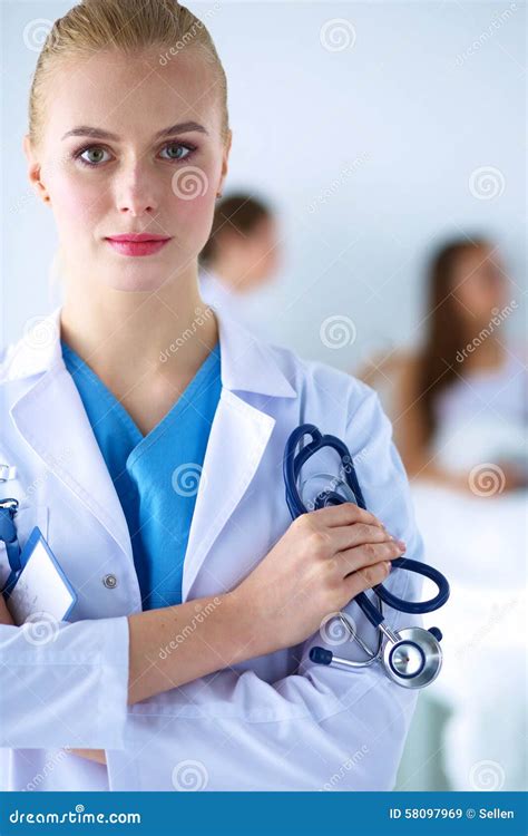 Woman Doctor Standing With Stethoscope At Hospital Stock Image Image