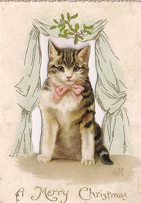 Victorian Cat With Pink Bow Under Mistletoemerry Christmase Nister