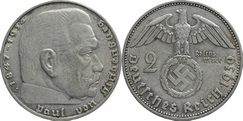 Drittes Reich 2 Reichsmark 1939 J Hindenburg Kursmünze 1936 1939 VF