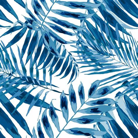 Blue Tropical Leaves Wallpaper Watercolor Indigo Palm Tropical Etsy