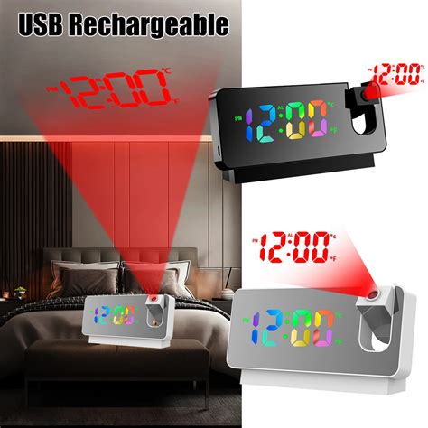 Rainbow Colored Led Digital Projection Alarm Clock Usb Rechargeable For