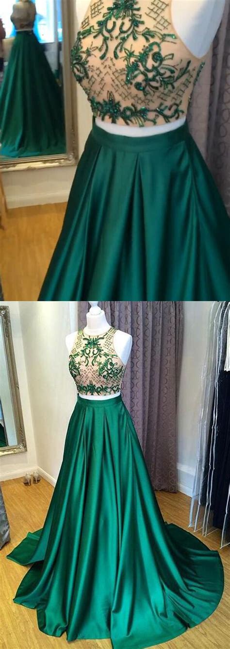 2 Pieces Green Satin Prom Dresses A Line Long Beads Evening Dress Party Gown M2066 On Luulla