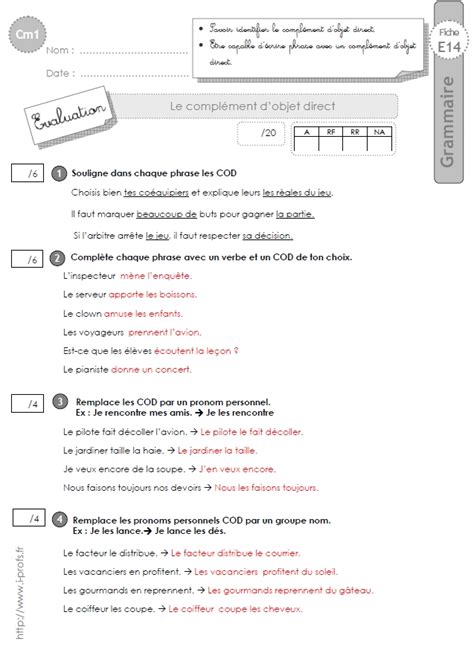 Cm1 Evaluation Le COD Complement D Objet Direct