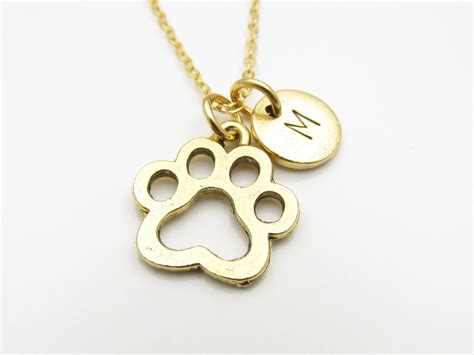 Dog Paw Print Necklace Gold Paw Print Charm Initial