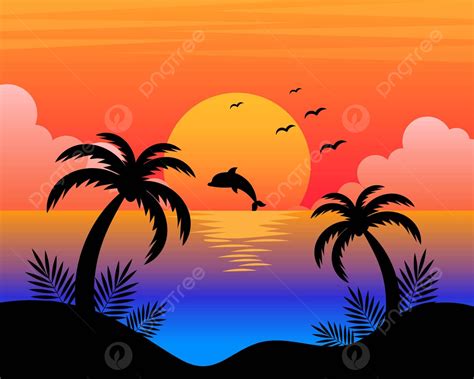 Illustration Of A Stunning Sunset Seascape With Dolphins And Palm Trees