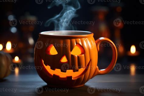 Halloween Coffee Pumpkin Cup With A Hot Drink And Steam A Festive Banner For A Cafe With A Copy