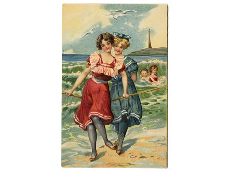 Vintage Beach Postcard Bathing Beauties Summer Seaside Women Swimming