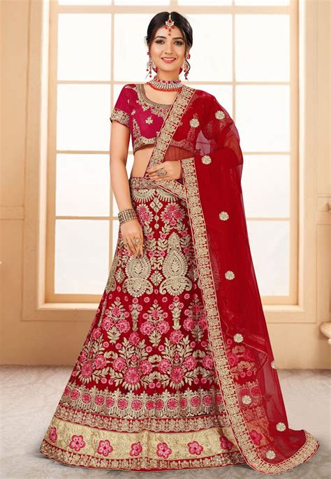 Red Net Embroidered Circular Lehenga Choli Indian Bridal Dress