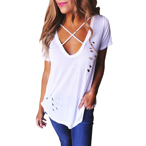 Sexy Holes Summer Women Sexy V Neck Short Sleeve T Shirts Solid