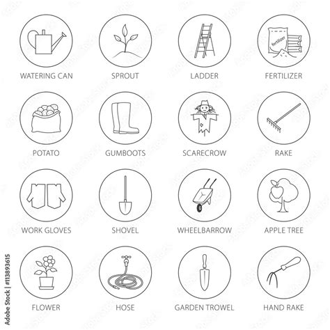 Set Of Garden Tools Round Thin Line Icons Gardening Equipment And Name