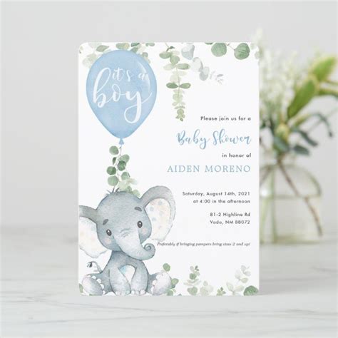 Elephant Baby Shower Invitations Elephant Hot Air Balloon Boy Baby Shower Blue In Invitation