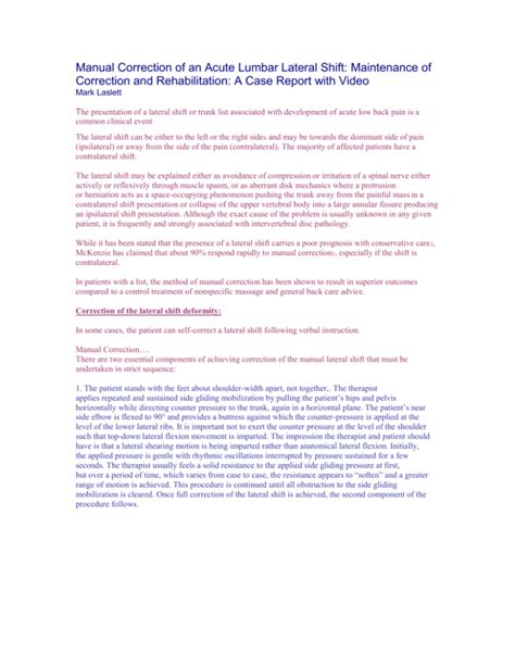 Manual Correction of an Acute Lumbar Lateral Shift: Maintenance of