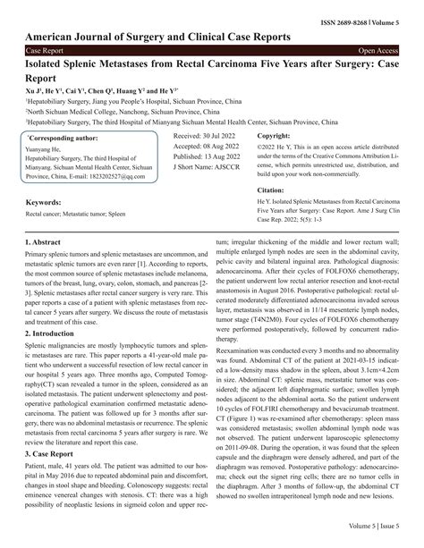 Isolated Splenic Metastases From Rectal Carcinoma Five Years After Surgery Case Report Pdf