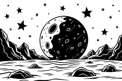 Un Dibujo En Blanco Y Negro De Un Planeta Con Estrellas Y La Luna En El Fondo Vector Premium