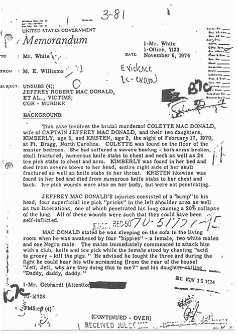 Fbi Memo Re Background And Developments In The Macdonald Case Jeffrey Macdonald Case