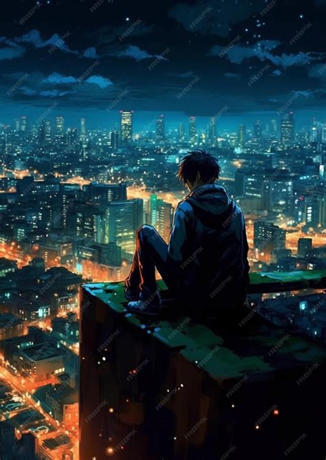 Premium AI Image | anime boy sitting on ledge looking at city at night ...