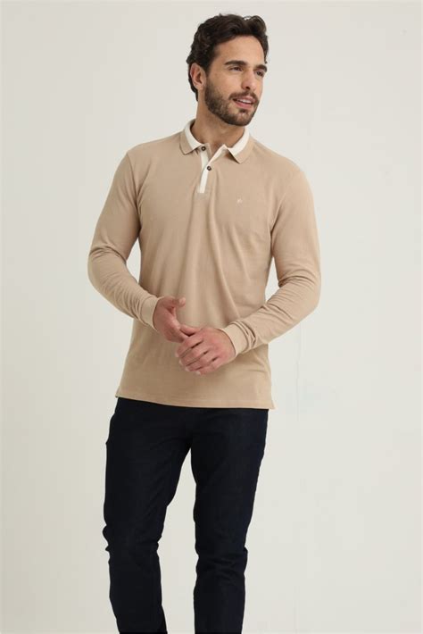 Polo Masculina Manga Longa Piquet Simples Bege