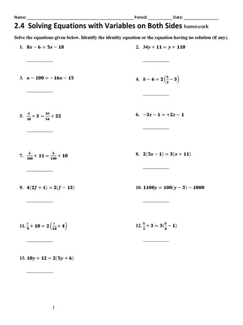 2 4 Homework Solving Equations With Variables On Both Sides 1 Pdf