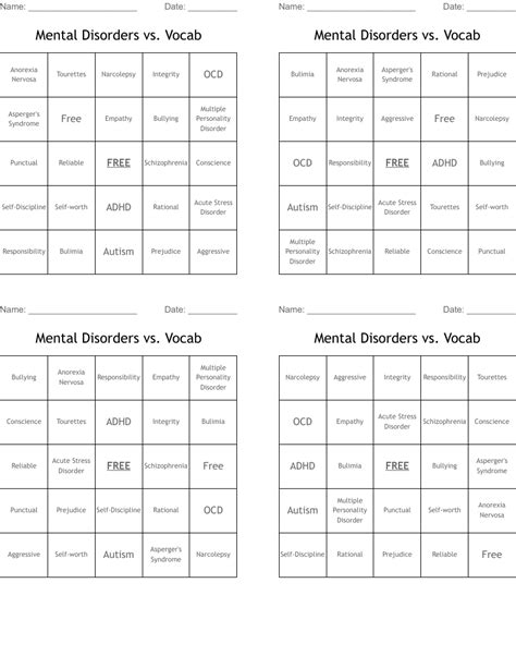 Mental Disorders Vs Vocab Bingo Cards Wordmint