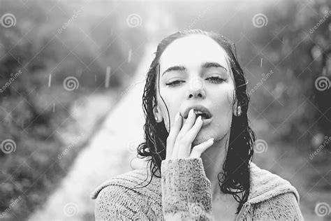 Sensual Woman Standing Under The Rain Screaming And Enjoying Portrait