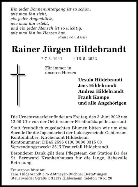 Traueranzeigen von Rainer Jürgen Hildebrandt Trauerportal