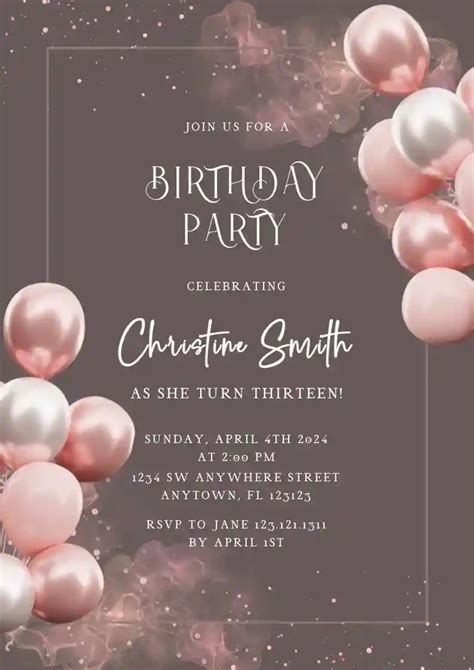 Pink Glitter Balloon Free Teens Birthday Invitation Templates Invitanku