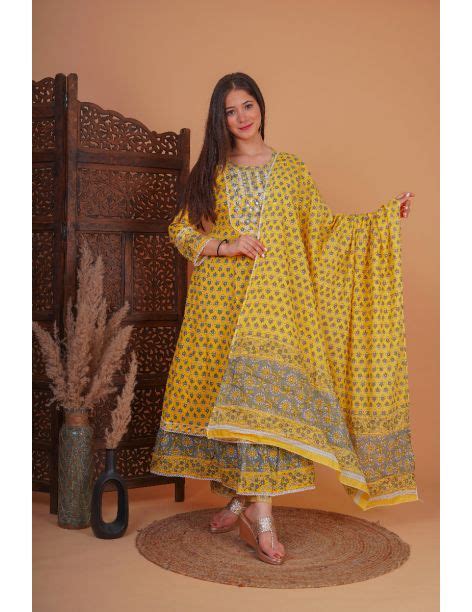 Women Printed Kurta With Palazzo And Dupatta Yellow Mf 241