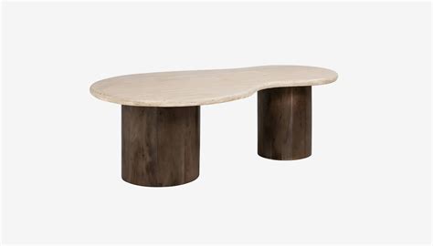 Douglas Shaped Coffee Table In Travertine Top Dark Mango Wood Base By