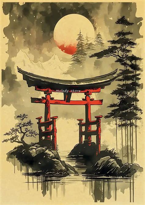 Japanese Natural Landscape Mountain Temple Canvas Painting Red Black P