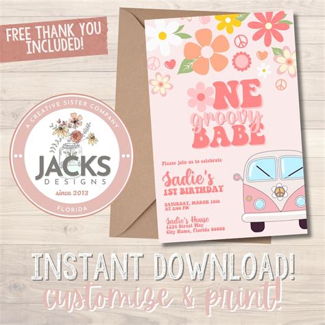 One Groovy Babe Birthday Invitation First Birthday Invitation Groovy Invitation Instant